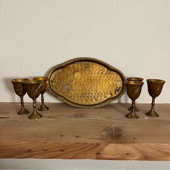 Vintage Mini Brass Goblet Set x6 with Tray - Picture 2 of 6